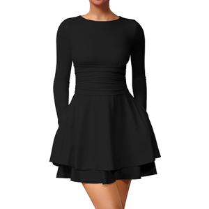 XXTAXN Women's Sexy Crew Neck Long Sleeeve Flowy Hem Cocktail Club Corset Mini Dress with Side Pocket (Large, Black)