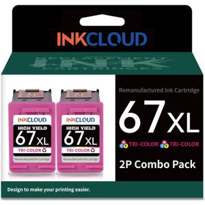 INKCLOUD Compatible Remanufactured Ink Cartridges Replacement for HP 67 XL Color Ink Cartridge for HP1255 2732 2752 2755 6452 6455 6458 4140 4152 Printer(2Color)