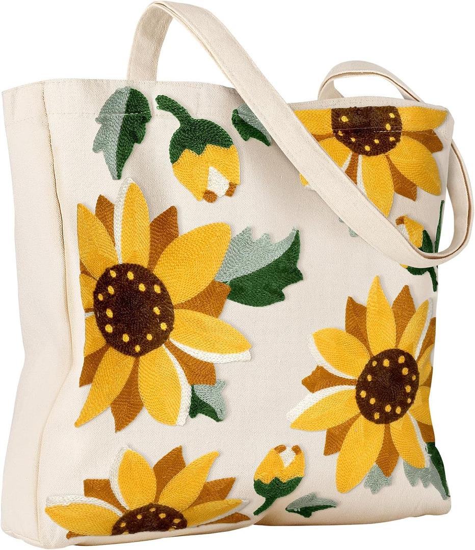 Aesthetic Embroidery Tote Bag for Women - Reusable Canvas Cute Shoulder Bag for Shopping, Grocery, Work, Book