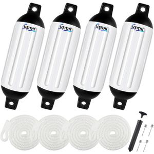 VEITHI Large Boat Fenders 4 Pack 10 x 30 in, Ribbed Twin Eyes Vinyl Boat Bumpers Fenders, Boat Bumpers for Docking Come with Ropes Needles and Pump to Inflate, Pontoon Boat Fenders for Docking White/Black