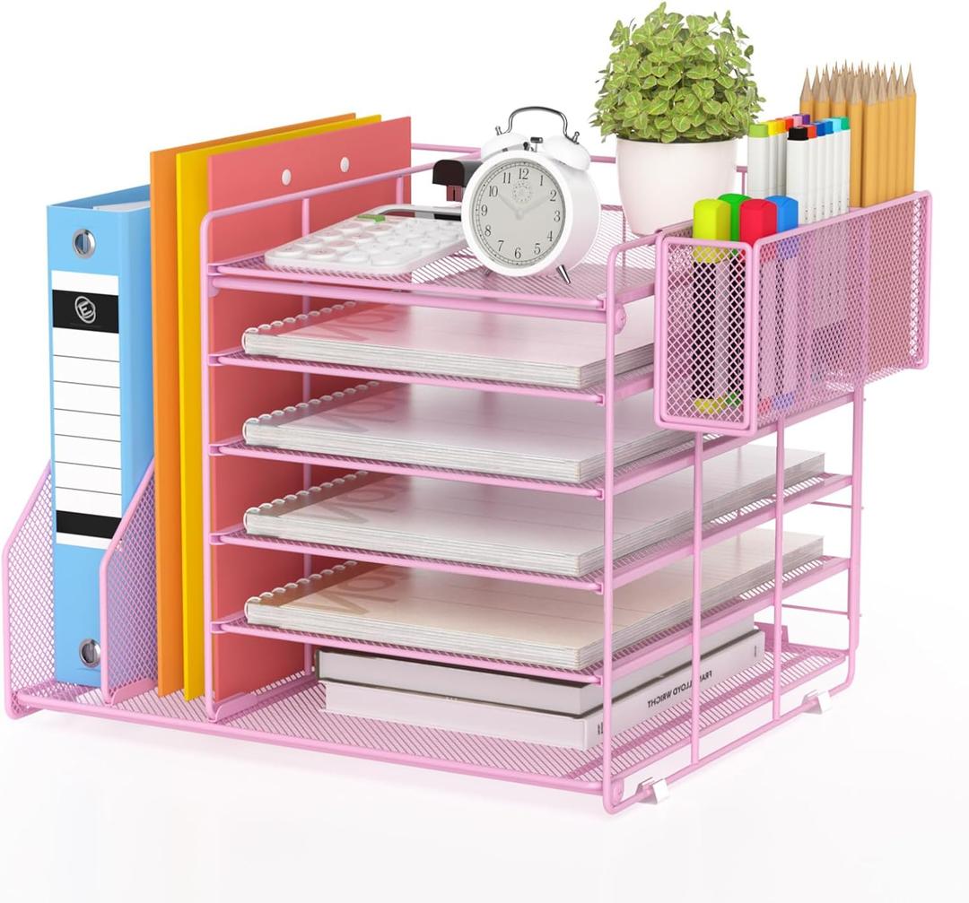 File Organizer for Desk, 6 Tier Desk Organizer Paper Tray with File Holder Pen Holder, Mesh Office Desk Accessories & Workspace Organizers (Pink)