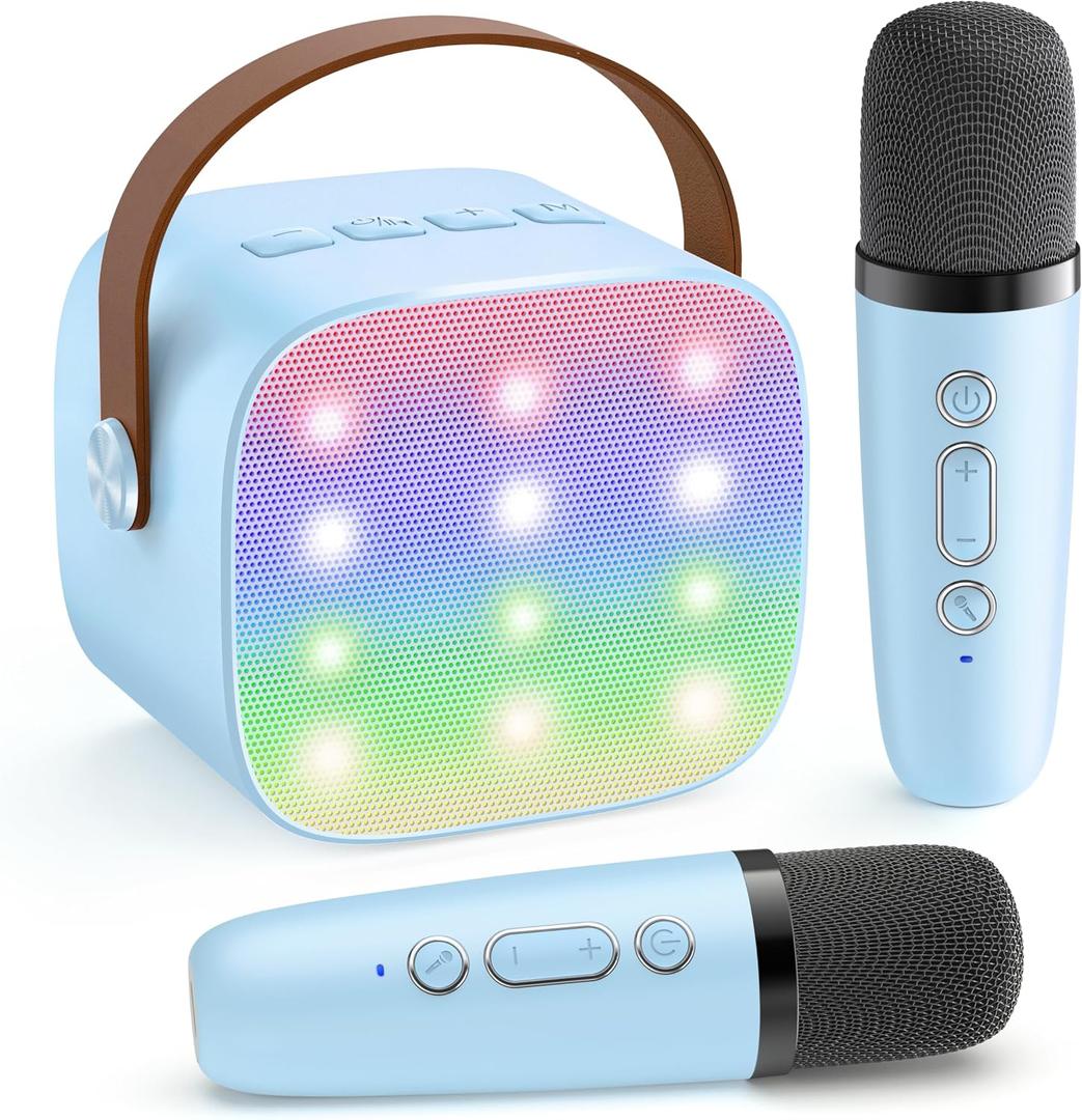 YLL Mini Karaoke Machine for Kids, Birthday Gifts Toys for Boys Ages 3, 4, 5, 6, 7, 8, 9, 10, 12+ Years Old, Portable Bluetooth Speaker with 2 Wireless Microphones Singing Family Home Party (Blue)