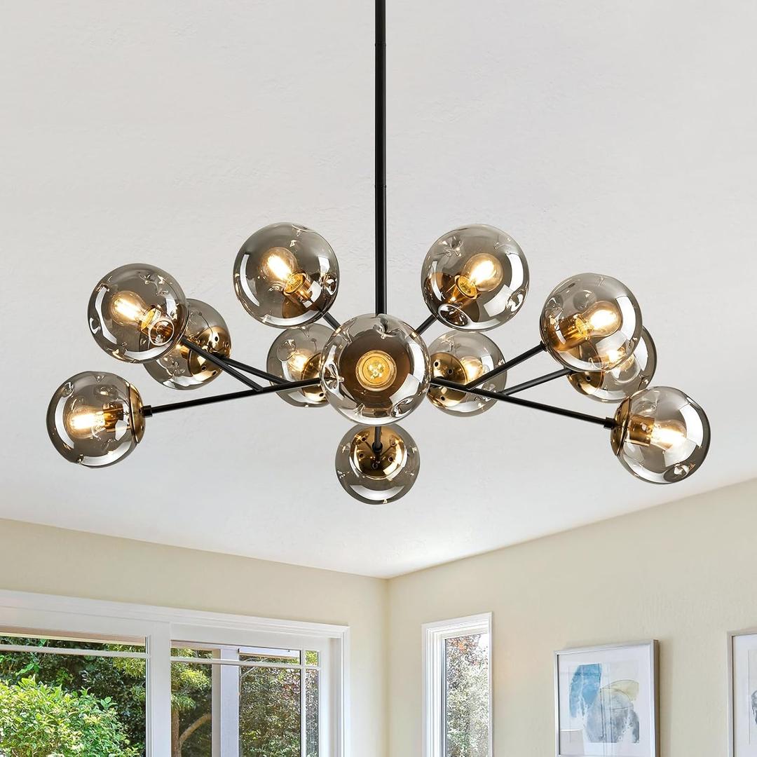 12-Light Glass ChandelierLarge Sputnik Chandeliers for High Ceilings Rustic Ceiling Lighting Fixture Pendent Light for Kitchen Dining Room Living Room Bedroom Office Black.