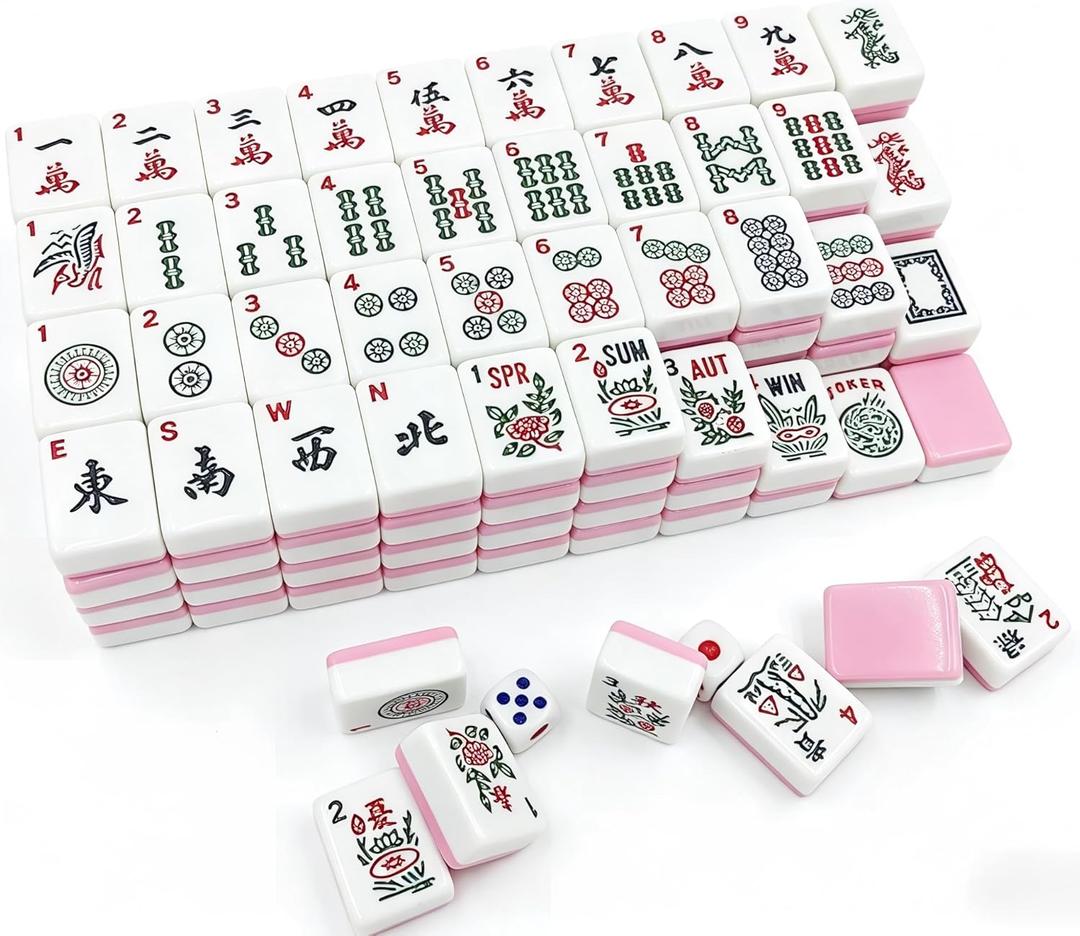 American Mahjong Tile Set, 166 Pink Tiles with Two Dices, Mahjong Tile Game for Four Players, (1.2x0.9x0.51)