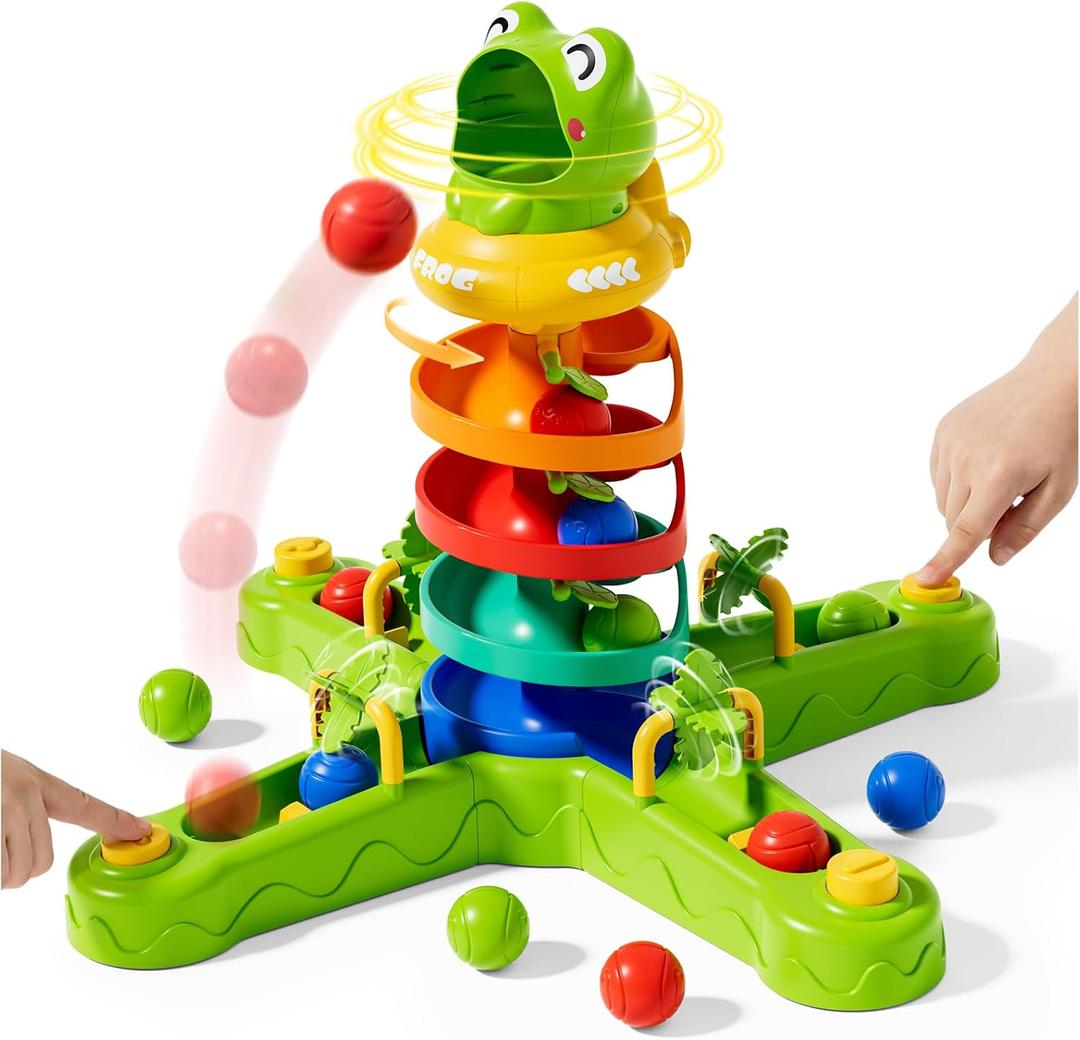 Frog Ball Drop Toy for Kids, 5 Layer Roll Swirling Ball Tower with 12 Balls, Spin and Learn Shoot Balls Drop Montessori Toy, Gifts for Toddler Boys Girls 3 4 5 6 7 8+ Years Old (4 Player)