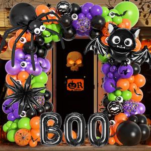 Ouddy Life 176Pcs Halloween Balloons Arch Garland Kit with Giant Spider Boo Bat Star Long Foil Balloon - Black Orange Purple Green Confetti Eyeball Balloon for DIY Birthday Halloween Party Decorations