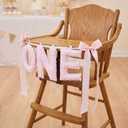 Suncalla Pre-strung Fabric Happy Birthday Banner Felt One High Chair Banner 1st First Birthday Bunting Garland Decorations for Party Photo Home Backdrop(Bow One,Pink,White)