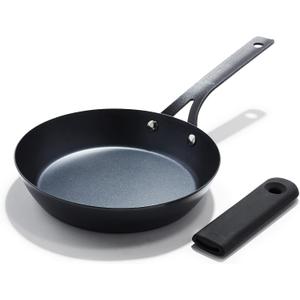 OXO Obsidian Pre-Seasoned Carbon Steel, 8" Frying Pan Skillet with Removable Silicone Handle Holder, Induction, Oven Safe, 1.8 Liters, Black