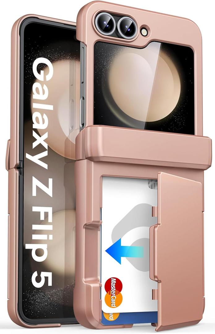 for Samsung Galaxy Z Flip 5 Case with Card Holder (3 Cards) & Hinge Protection & Outer Screen Protector, Shockproof Rugged Cover Phone Wallet Case for Samsung Galaxy Z Flip 5 2023, Rose Gold