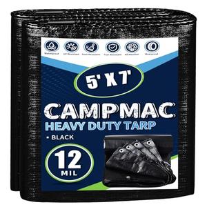 CAMPMAC Black Tarps Heavy Duty Waterproof 5x7, 12 Mil Thick, High Durability, Rip and Tear Resistant with Metal Grommets Every 20 Inches