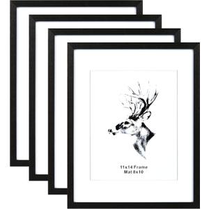Yaetm 11x14 Black Picture Frame with Mat for 8x10 Set of 4, Solid Wood 11x14 Frames with Tempered Glass for Wall Gallery, Home and Office, Wall Mounting (4 pack, Black)