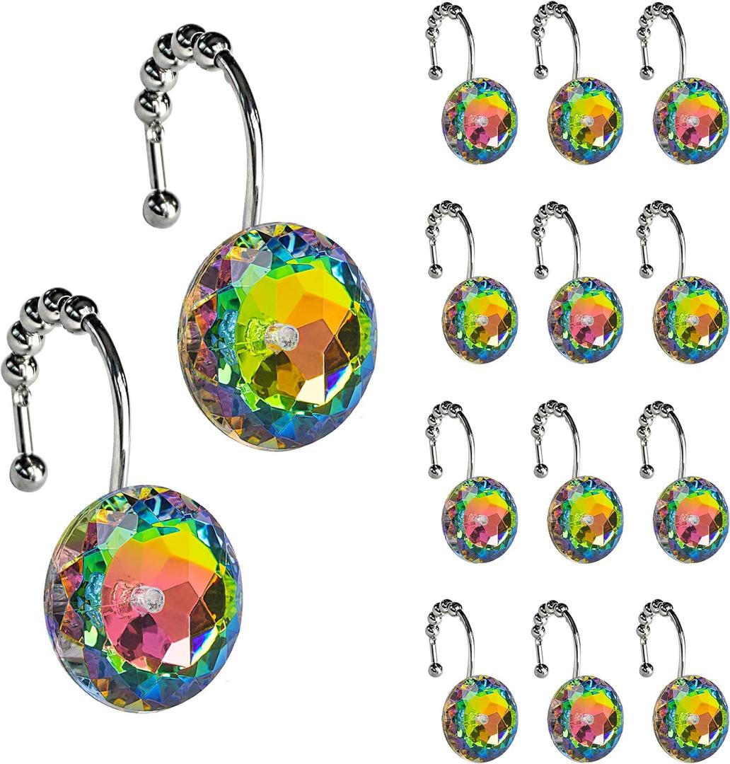 Sunlit Luxury Design Glitter Round Colorful Diamond Crystal Gem Bling with Glide Balls Shower Curtain Hooks, Rust Proof Metal Rhinestones Glam Shower Curtain Rings-12 Pack