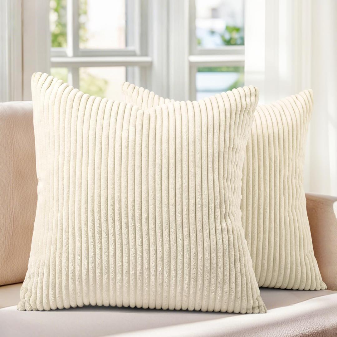 Pack of 2 Cream Corduroy Decorative Throw Pillow Covers 16x16 Inch Striped Spring Cushion Covers Cozy Boho Pillowcase Farmhouse Home Decor Soft Accent Cushion Case for Couch Sofa Bed 40x40 cm