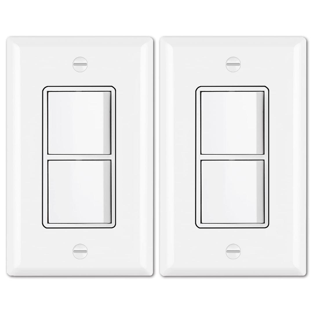 BESTTEN 2 Pack Double Rocker Light Switch, Single Pole Combination Interrupter, 15A 120V, Dual Control Paddle Rockers, in-Wall On/Off Switch, Wall Plate Included, White