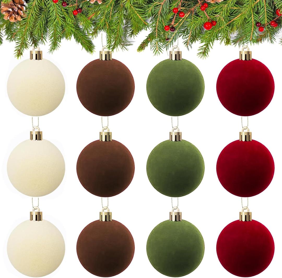 36Pcs Velvet Christmas Ornaments, 12Pcs Flocked 2.38" Velvet Christmas Balls Hanging & 24Pcs 5" x7" Bows for Xmas Tree Wreath Garland Holiday Party Wedding Xmas Decorations Indoor(Multi)