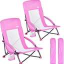 SUNNYFEEL Folding Low Camping Beach Chair 2 Pack, Lightweight Portable Lawn Chair with Mesh Back, Cup Holder for Outdoor/Travel/Picnic/Concert, Foldable Camp Backpack Chair with Carry Bag