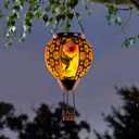 DREAMSOUL Hummingbird Hot Air Balloon Solar Lantern, Metal & Glass Flickering Flame Light Solar Lantern, Hanging Waterproof Solar Lanterns Outdoor for Garden Patio Tree Decoration