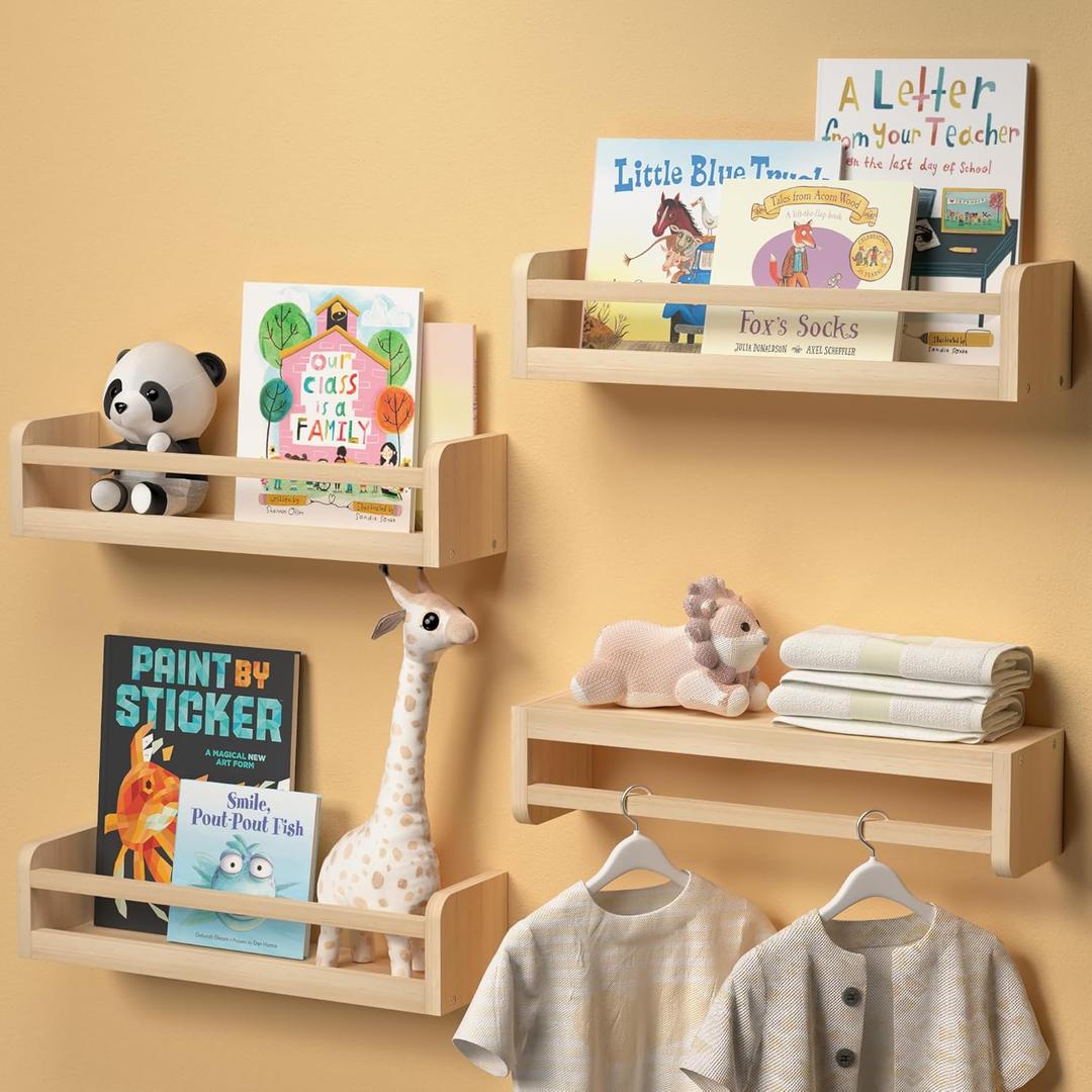 Dual-Guard Nursery Book Shelves Set of 4, Floating Shelves for Nursery Room Wall Decor, Wall Mount Kids Bookshelf for Baby Bedroom Storage, Toddler Toy Hanging Wall Organizer - Natural Wood
