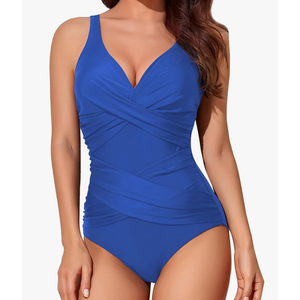 Smismivo Tummy Control Swimsuits for Women Slimming One Piece Bathing Suit Retro Ruched Push Up Vintage Padded Swimwear ( L)