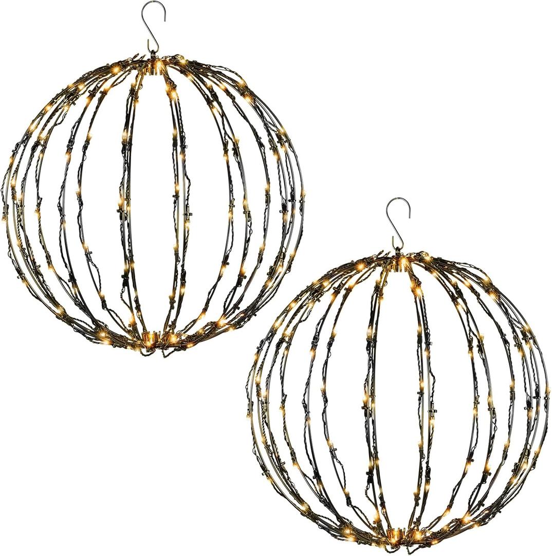 GOOX 2 Pack 14" LED Christmas Light Balls. Fold Metal Frame Prelit Sphere Balls. Outdoor Waterproof Hanging Balls Lights for Trees. Warm LED Globe Lights for Holiday Decor, Patio, Wedding Decor