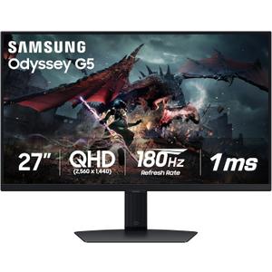 SAMSUNG 27-Inch Odyssey G50D Series QHD Fast IPS G-Sync Compatible Gaming Monitor, 1ms, VESA DisplayHDR 400, 180Hz, AMD FreeSync, Adjustable Stand, Eye Saver Mode, LS27DG500ENXZA
