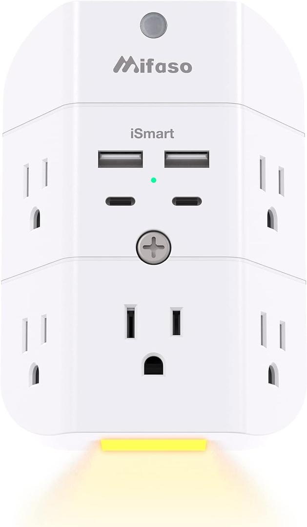 Surge Protector Outlet Extender - with Night Light, 5-Outlet Splitter and 4 USB Ports (2 USB C Charger), Multi Plug Outlet for Home, Dorm Room Essentials (2A2C No PD, White)