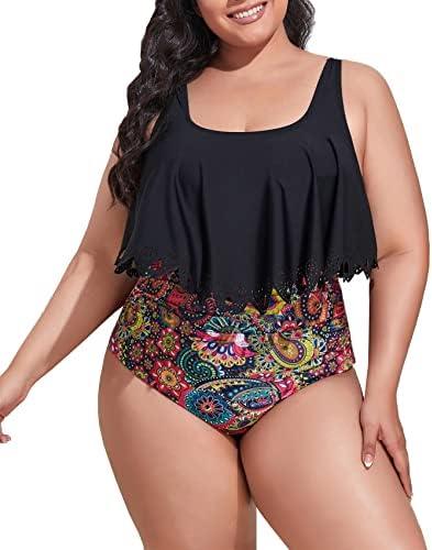 Mooncore Womens Plus Size Swimsuit High Waisted Tankini Bathing Suits Two Piece Flounce Bikini Swimsuit, Size 4XL