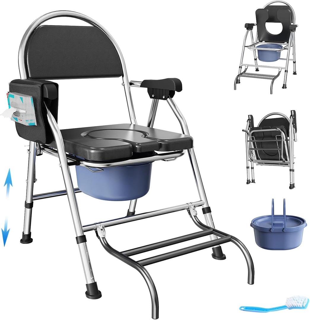 Folding Bedside Commode Chair for Elderly with Adjustable Height, Toilet Seat with Footrest and Soft PU Seat Cushion, Adults Potty Chair with Storage Cloth Bag for Seniors, Disabled (Black)