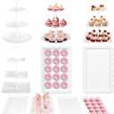 Mwellewm 10 Pcs Cake Stand White Plastic Dessert Table Display Set 4 Pcs 3 Tired Cupcake Stand Cookie Tray Rack Serving Tray Cake Tower and 6 Pcs Dessert Tray for Wedding Baby Shower Tea Party