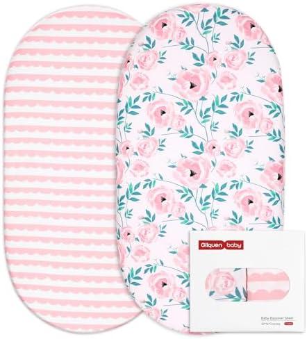 Gllquen Baby Bassinet Sheets Set 2-Pack, Breathable Cozy Bassinet Fitted Sheet Universal Fit Standard Mattress Oval Rectangle Cradle Baby Sheets for Baby Boy Girls Unisex 32"x16" (Pink Flower)