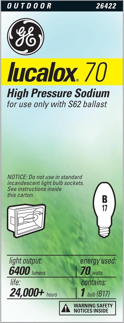 GE Lucalox High Pressure Sodium Light Bulb, B17 HPS Bulb, 70 Watt, Medium Base