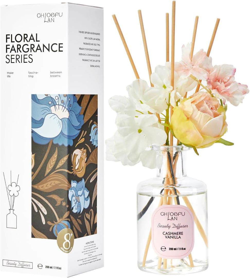 Chloefu Lan Cashmere Vanilla Red Diffuser Set with Flowers Red Diffuser Sticks, 6.7oz Scent Fragrance Essential Oil Diffuser for Bedroom Bathroom Home Dcor Shelf Decor (200ml)