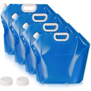 Hakkin Collapsible Water Tank Container 4 Pack 1.3 Gallon/5L, No-Leak Freezable Portable BPA Free Food Grade Plastic Storage Jug for Camping, Hiking, Travel, Emergency Survival Kit Bonus 2 Pcs Caps