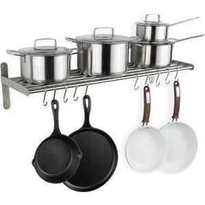 Wallniture Lyon Kitchen Organization and Storage Rack, Stainless Steel Metal Wall Shelf with 10 S Hooks for Hanging Pots and Pans, Chrome