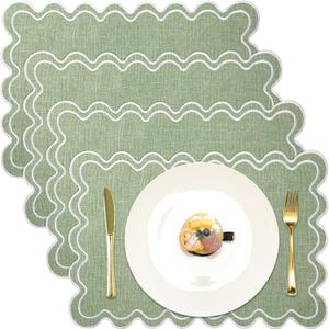 Set of 4 Cotton Linen Placemats, 13x19 Inch Scalloped Wavy Embroidery Placemat Double Layered Washable Rustic Rectangle Dinner Table Mats for Kitchen Wedding Home Party Decor(Sage Green)