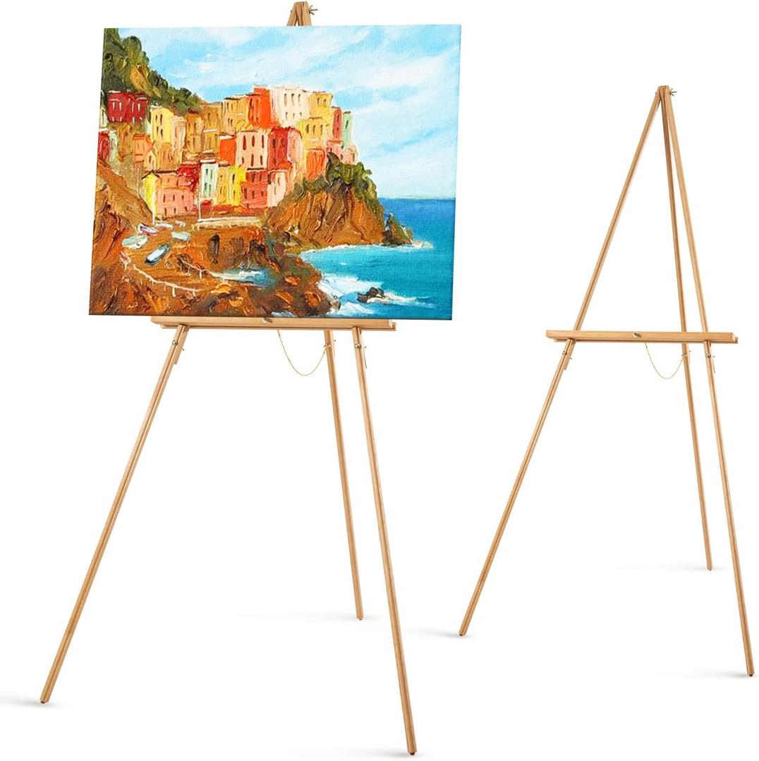 Falling in Art 65" A-Frame Tripod Easel Stand, Wooden Display Easel with Adjustable Canvas Holder, Floor Easel for Wedding Signs, Posters, Paintings, Artwork(Natural) 2 Pack