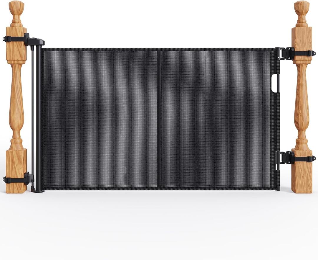 Upgraded Retractable Baby Gates for Stairs & Banister, Mesh Dog Gate Indoor, Extends to 55" Wide 33" Tall, Child Safety Gate for Stairway, Banister & Wall Mount (Black)