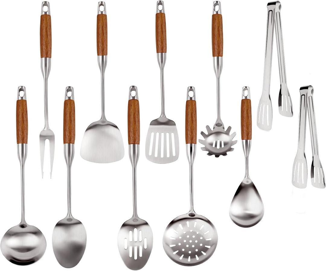 304 Stainless Steel Kitchen Utensils Set with Wooden Handle, 11 Pcs Long Heat Resistant Metal Cooking Utensils Set, Stainless Steel Cooking Utensils Set with Spatula, Turner, Solid and Slotted Spoon