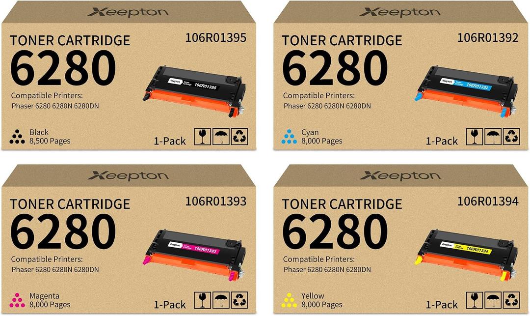 Phaser 6280 Toner Cartridge (With Chip) Replacement for Xerox 6280 106R01395 106R01392 106R01393 106R01394 Toner Cartridge for Phaser 6280 6280N 6280DN Printer, 4-Pack Black Cyan Magenta Yellow