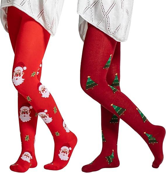 Aaronano 2 Pairs Girls Patterned Red Tights Christmas Holiday Stockings Kids Snowflake Printed Tights for Girls 4-10T
