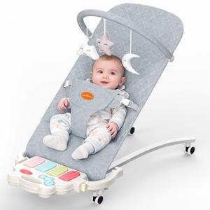 Portable Baby Bouncer Seat 0-18 Months, Detachable Piano & Hanging Toys, 3-Level Recline (Rock/Fix), Foldable with Quiet Wheels, Baby Shower
