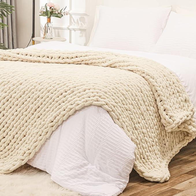 Chunky Knit Throw Blanket for Couch, 80x80 inches, 100% Hand Knitted with Thick Jumbo Chenille Yarn, Cozy Soft Large Rope Knot Cable Crochet Blankets for Sofa Bed Living Room, Beige