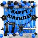 17th Birthday Decorations for Men, Boys, Blue and Black Happy Birthday Decorations with Felt Banners, Tassel Curtains, Foil Balloons, Balloon Sets for Birthday Party of Ages Such as 17th.