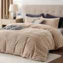 Bedsure Fluffy Duvet Cover Set - Ultra Soft Plush Shaggy Comforter Cover King Size, Warm Flannel Fleece Bed Sets for Winter, 3 Pieces (Striped Pattern, Taupe) (King (104" x 90"), Taupe (No Comforter))