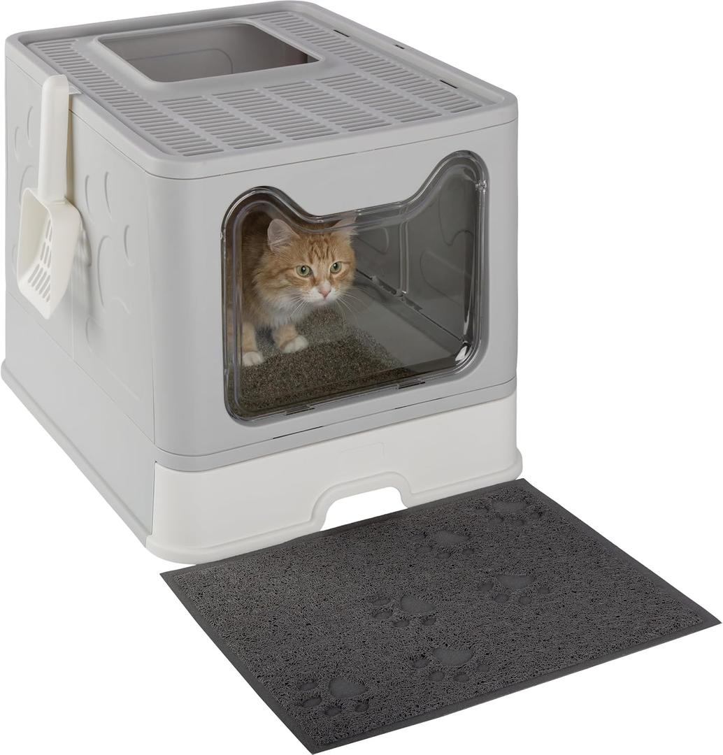 Enclosed Cat Litter Box - Foldable Litterbox with Lid, Cat Scoop, Mat, and Pull-Out Drawer for Easy Cleaning - Spacious Front Entry and Top Exit Litter Box Enclosure - Pet Supplies by PETMAKER (Gray)
