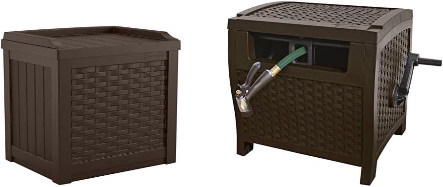 Suncast 22 Gallon Resin Storage Seat and 175 ft Wicker Style Hose Hideaway, Java