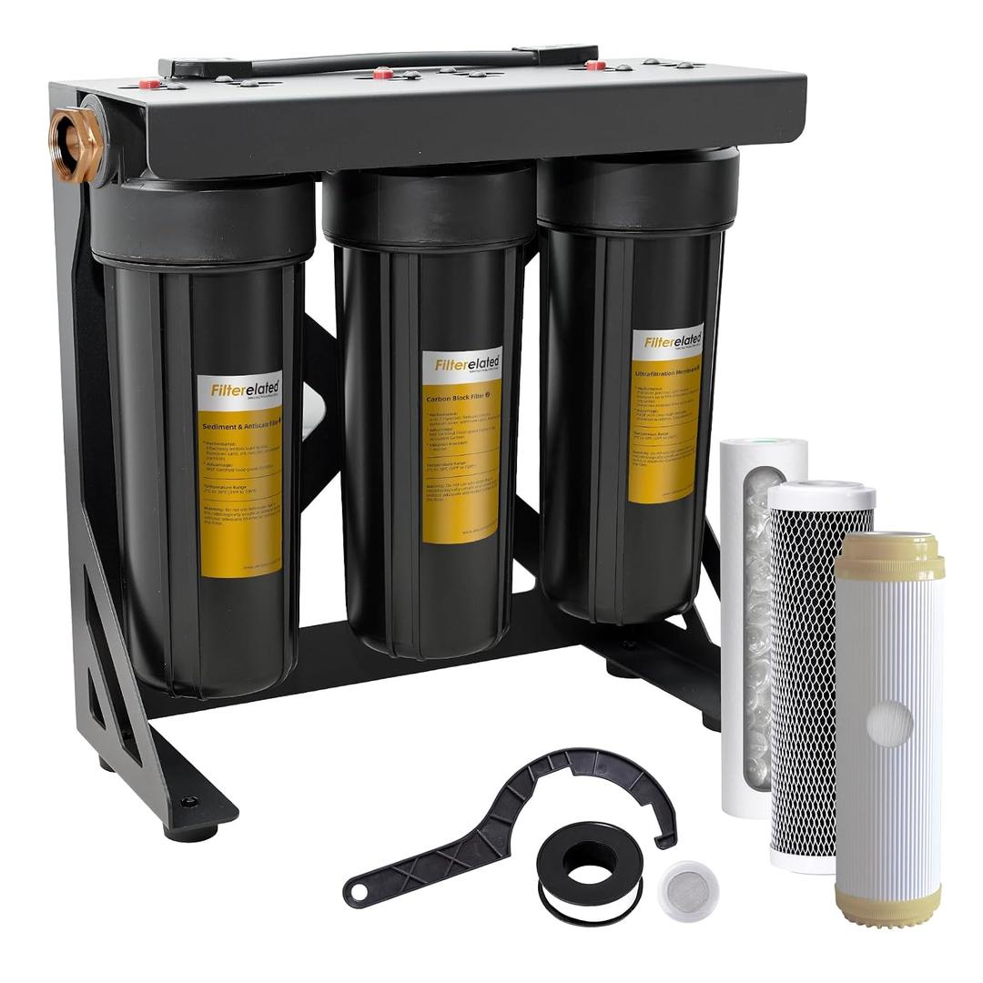 Filterelated Upgraded 3-Stage RV Water Filter with Bracket, PP+Polyphosphate, Carbon Block & 0.01μm UF, 3/4" Brass Fittings, Reduces Sediment, Chlorine, Metals & Odors for Camper, Boat, Garden