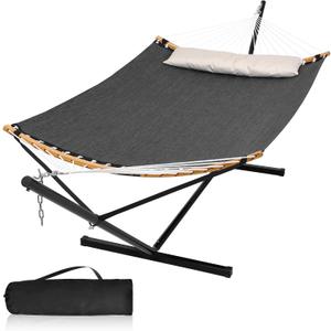 Double Hammock with Stand, Quick Dry Hammock with 12FT Stand for Outside, Poolside, 450 Lbs Capacity, Dark Grey