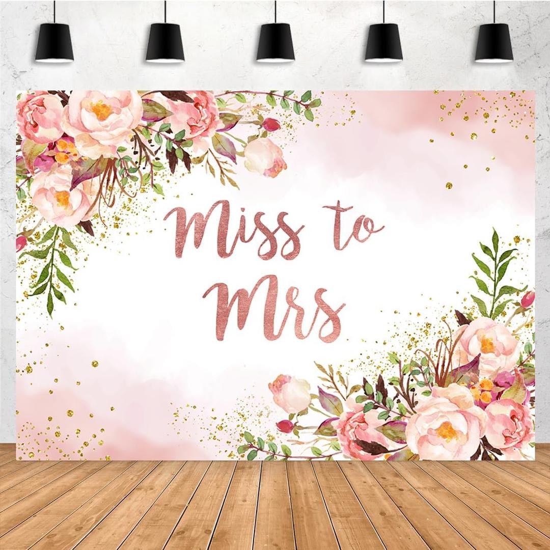 Aperturee 7x5ft Miss to Mrs Bridal Shower Backdrop Pink Floral Photography Background Green Boho Leaves Engagement Wedding Shower Couples Party Decorations Cake Table Banners Photo Booth Studio Props