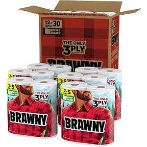 Brawny Tear-A-Square 3-Ply Paper Towels, 12 XL Family Rolls = 30 Regular Rolls, Strong, Absorbent, and Durable with 3 Sheet Sizes (Quarter, Half, Full)